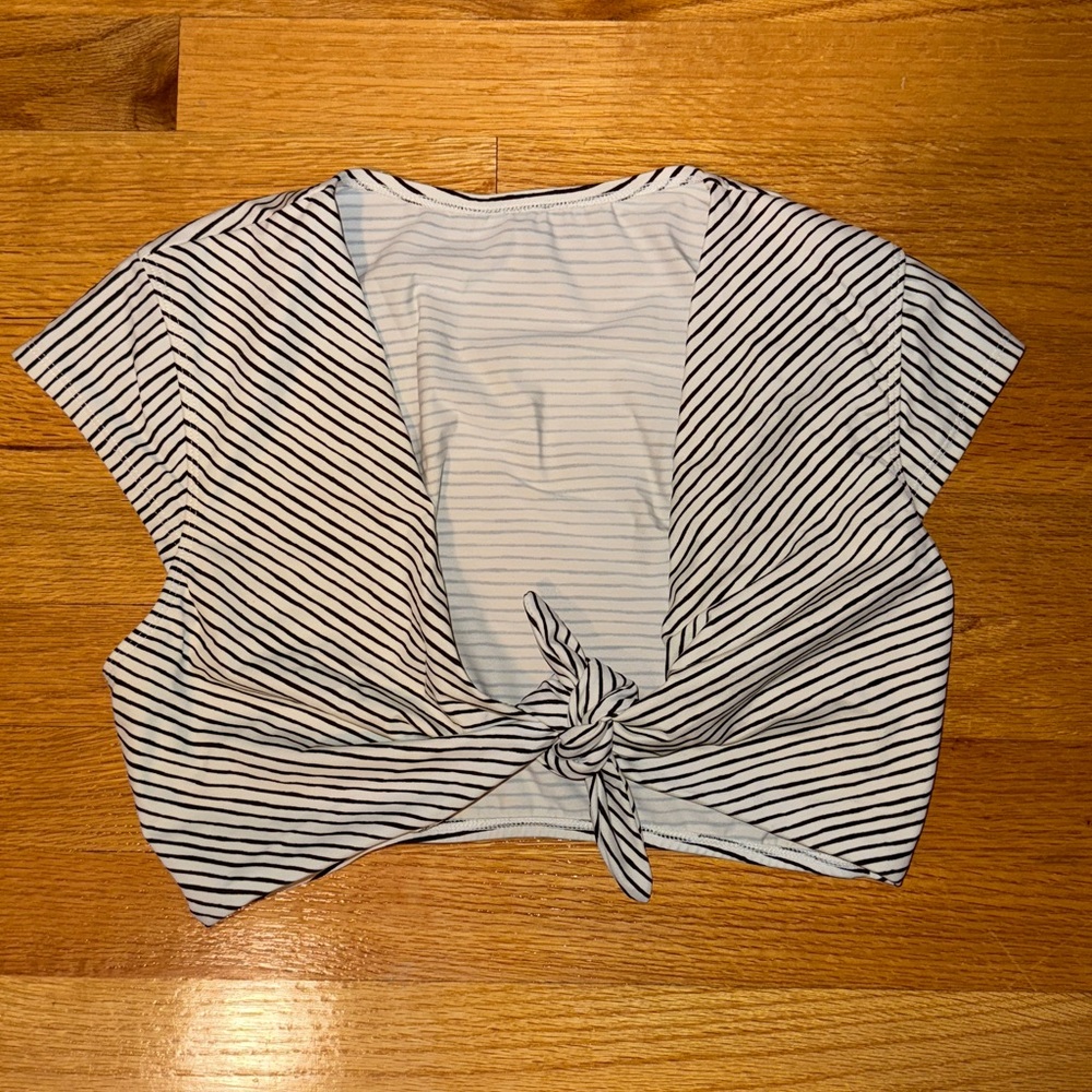 Black and white striped bikini top with tie